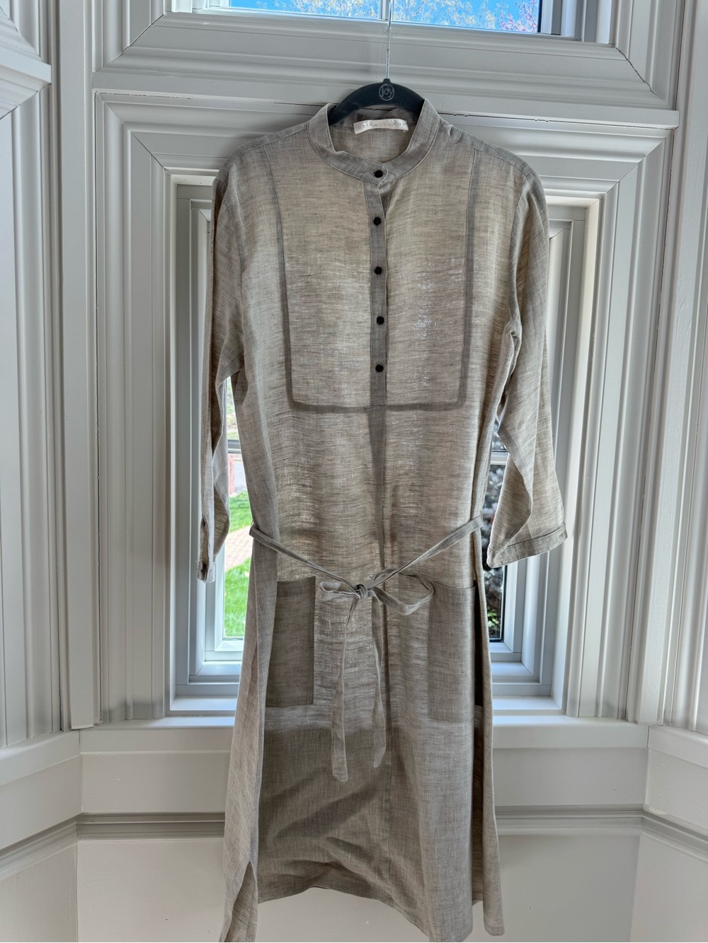Light Gray Button-Up Tunic Dress with Waist Tie